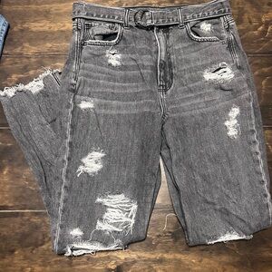 American Eagle High-Rise Distressed Gray Denim Jeans with Matching Belt